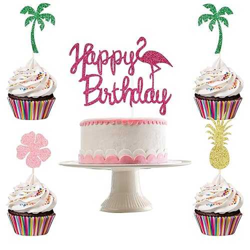 LeeSky Flamingo Happy Birthday Cake Topper and Pineapple Coconut Tree Tropical Hawaii Cupcake Toppers for Tropical Hawaii Flamingo Theme Birthday Party Supplies - 25Pcs