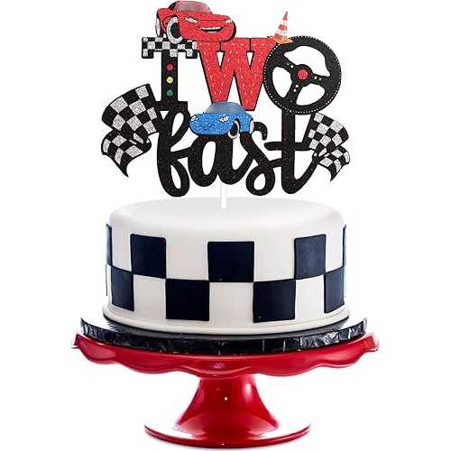 LHCING Two Fast Race Car Cake Toppers - Race Car Theme 2nd Birthday Glitter Cake Supplies - Boy's Two Years Old Cars Checkered Flag Party Decoration画像