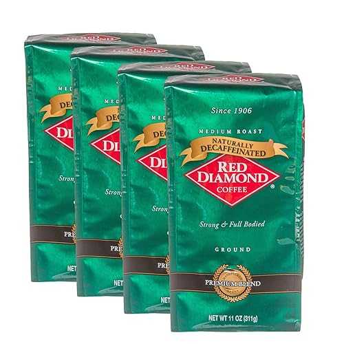 Red Diamond Ground Coffee, Decaffeinated, Medium Roast, 100% Arabica Premium Beans, Strong & Full-Bodied Flavor, 11 Ounce Resealable Bags (4 Pack)