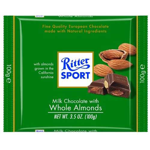 リッタースポーツミルクチョコレート、ホールアーモンドバー入り、3.5オンス（11個パック）。 Ritter Sport Milk Chocolate with Whole Almonds Bar, 3.5 Ounce (Pack of 11).