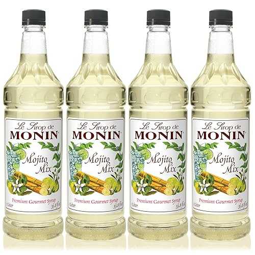 Monin - Mojito Mix Syrup, Sweet Herbal Mint Flavor, Great for Frozen Cocktails, Mocktails, & Delicious Desserts, Gluten-Free, Vegan (1 Liter, 4-Pack)