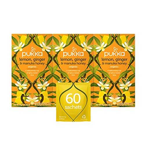 Pukka Herbs Organic Tea Bags, Lemon, Ginger & Manuka Honey Herbal Tea, Perfect for Everyday Wellness, 20 Count (Pack of 3) 60 Tea Bags