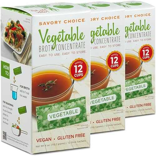 SAVORY CHOICE Vegetable Broth Concentrate, 3 Boxes of 12 Packets (9.6g) - Vegan, Vegetarian, Gluten-Free, Diary-Free Broth Concentrate
