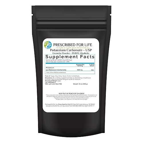 Prescribed for Life Potassium Carbonate Powder, Natural USP Food Grade Potash for Plants, Soap, Supplements, & More, Pure Bulk Potassium Powder (12oz / 340g)