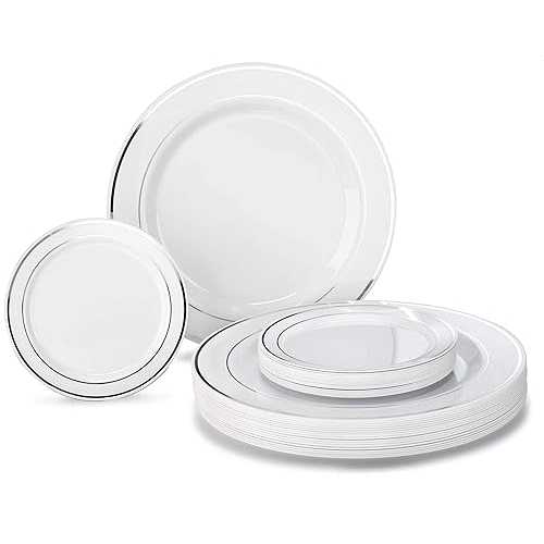 \" OCCASIONS \"" 50 Plates Pack, Heavyweight Premium Disposable Plastic Plates Set (25 x 10.5\u0027\u0027 Dinner + 25 x 6.25\u0027\u0027 Cake plates) (White \u0026 Silver Rim) OCCASIONS FINEST PLASTIC TABLEWARE \"" OCCASIONS \"" 50 Plates"