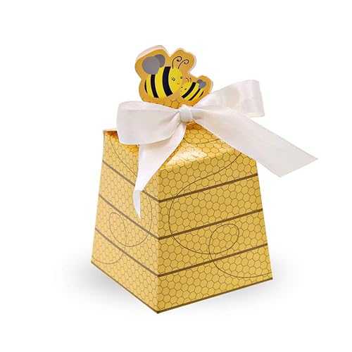 SumDirect Paper Beehive Gift Boxes - Bumble Bee Candy Boxes with Ribbons, 50PCS Baby Shower Wedding Favor Beehive Decorations