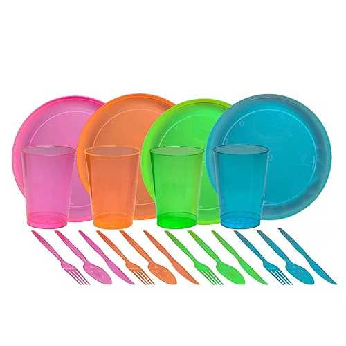 Tiger Chef ネオンアソートグローパーティー用品 40 ピース ネオンアソートカラーハードプラスチックプレート、カップ、カトラリー (ネオンピンク、ブルー、グリーン、オレンジ) が含まれます (8 名分サービス) Tiger Chef 40-Piece Neon Assorted Glow