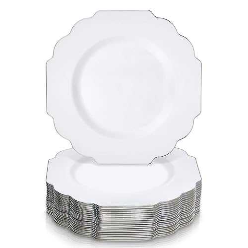 SILVER SPOONS Elegant Design Disposable Plates For Party (10 Piece) Heavy Duty Disposable Dinner Set 10.75\", Fine Dining Plastic Dishes For Elegant China Look - White SILVER SPOONS Elegant Design Disposable Plates For"