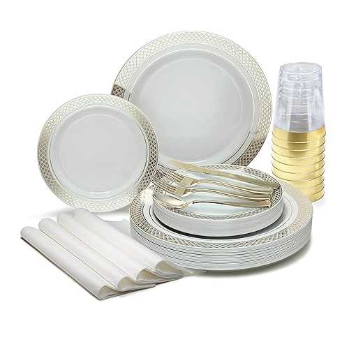OCCASIONS FINEST PLASTIC TABLEWARE \" OCCASIONS \"" 200pcs set (25 Guests)-Heavyweight Wedding Party Disposable Plastic Plate Set -25 x10.5\u0027\u0027 + 25 x7.5\u0027\u0027+Silverware +Cups+linen like paper Napkins (Celebration white \u0026"