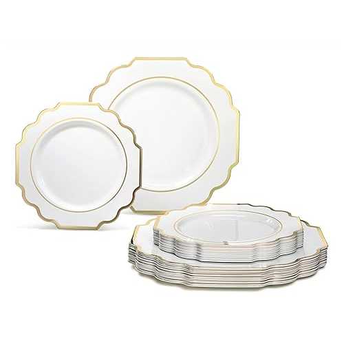 OCCASIONS FINEST PLASTIC TABLEWARE " OCCASIONS " 50 Plates Pack (25 Guests)-Heavyweight Wedding Party Disposable Plastic Plate Set -(25x10.5'' Dinner + 25x8'' Salad/Dessert) (Imperial White & Gold)|Glomarket