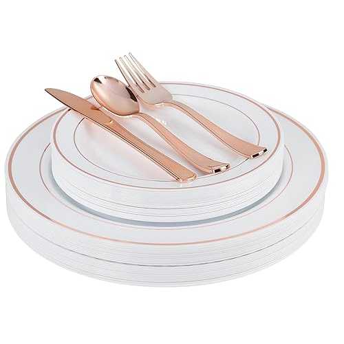 Exquisite 200 Piece Heavyweight Party Disposable Plastic Plates and Cutlery Set Includes 40 Dinner Plates 40 Dessert Plates and 40 Pieces of Glossy Silver Plastic Forks Knives and Spoons (Rose Gold)｜Glomarket
