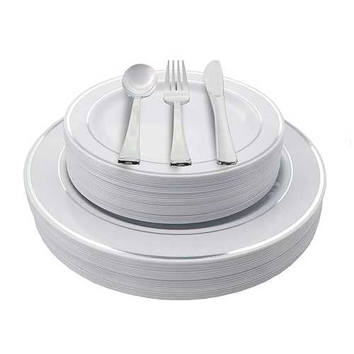 Exquisite 200 Piece Heavyweight Party Disposable Plastic Plates and Cutlery Set Includes 40 Dinner Plates 40 Dessert Plates and 40 Pieces of Glossy Silver Plastic Forks Knives and Spoons (Silver)