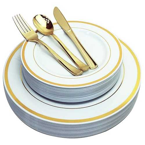 JL Prime 125 Piece Gold Plastic Plates \u0026 Cutlery Set, Heavy Duty Disposable Plastic Plates with Gold Rim \u0026 Silverware for Party \u0026 Wedding, Dinner \u0026 Salad Plates Forks Knives Spoons 25 Each キッチン用品・食器・調理器具-箸・カトラリー