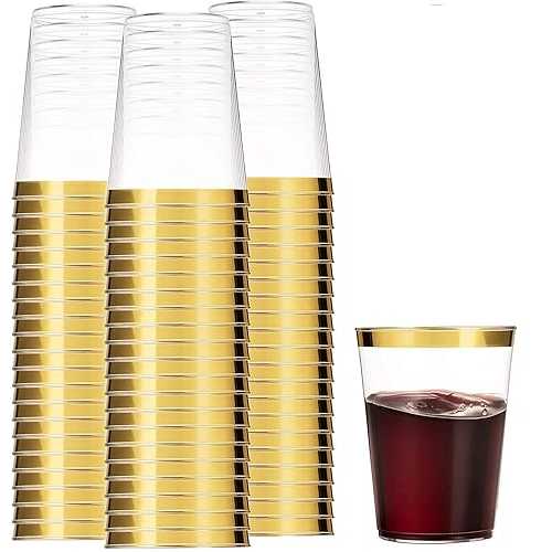 Munfix 100 Gold Plastic Cups 14 Oz Clear Tumblers Gold Rimmed Fancy Disposable Wedding Elegant Party Cups with Gold Rim