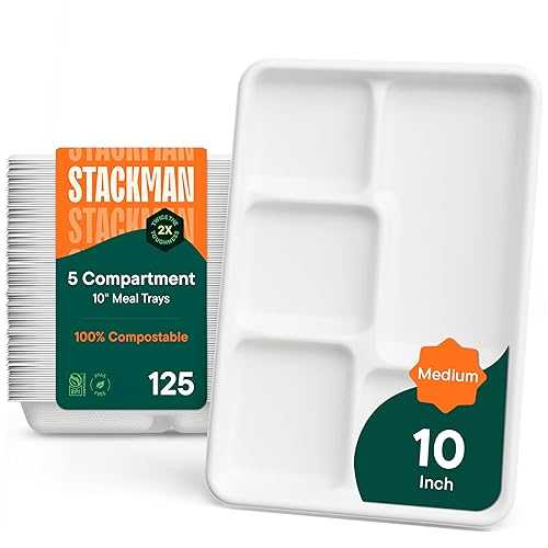 Stack Man 100% Compostable Paper Plate 125-Pack 5-Compartment Bagasse School Lunch Tray, Heavy Duty Quality Disposable Tray, Eco-Friendly Made of Sugar Cane Fibers