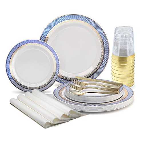 OCCASIONS FINEST PLASTIC TABLEWARE " OCCASIONS " 200pcs set (25 Guest)-Wedding Disposable Plastic Plates & cutlery - 10.5'', 7.5'' +paper napkins, Gold rim cups & Silverware (Louvre White/Blue & Gold)｜Glomarket
