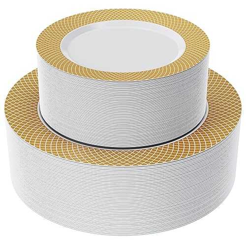 FOCUSLINE Gold Plastic Plates Set of 102, Disposable Plates with Gold Grid Rim 51 Dinner Plates 10\