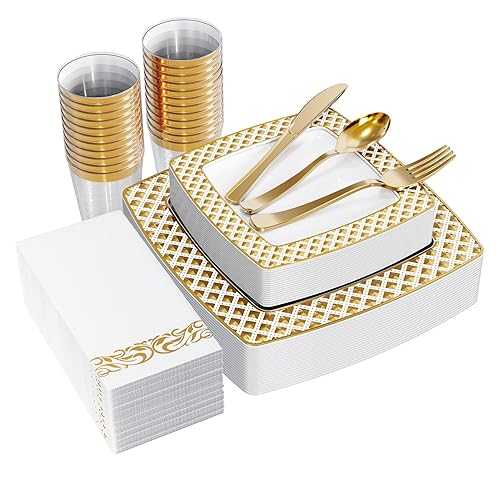 FOCUSLINE 175 Ct Gold Dinnerware Set for 25 Guests - Square Plastic Plates with Diamond Rim, Including 25 Disposable Dinner & Dessert Plates, Napkins, Cups, Cutlery