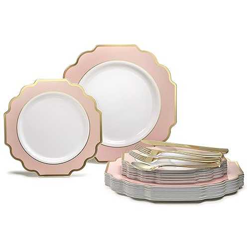 OCCASIONS FINEST PLASTIC TABLEWARE " OCCASIONS " 150 Piece set (25 Guests)-Wedding Plastic Plates & cutlery -Disposable heavyweight Dinnerware 10.5'', 8'' + Silverware w/double fork (Imperial in Blush Pink & Gold|Glomarket