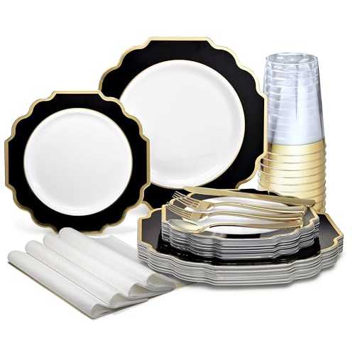 OCCASIONS FINEST PLASTIC TABLEWARE \" OCCASIONS \"" 200 Piece set (25 Guests)-Wedding Plastic Plates \u0026 cutlery -Disposable heavyweight Dinnerware 10.5\u0027\u0027, 8\u0027\u0027+Silverware + Cups + Napkins (Imperial インチ White \u0026 Black"