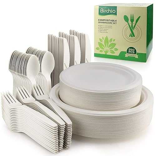 BIRCHIO 250 Piece Biodegradable Paper Plates Set (EXTRA LONG UTENSILS), Disposable Dinnerware Set, Eco Friendly Compostable Plates & Utensil include Plates, Forks, Knives and Spoons for Party