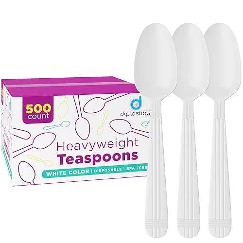 Diplastible 500 Count Heavyweight Disposable White Plastic Tea Spoons / Dessert Spoons Plastic / Great for Celebrations, Parties, Travels, Events, and Everyday Use｜Glomarket