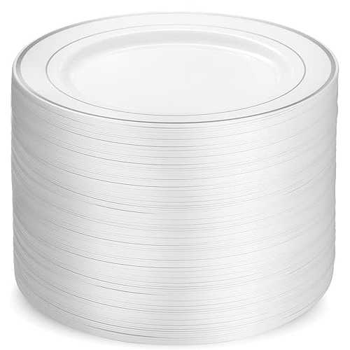Munfix 100 Silver Plastic Dinner Plates Set, 10.25 Inch Disposable Heavy Duty Fancy Elegant Wedding Party Plates, White with Silver Rim