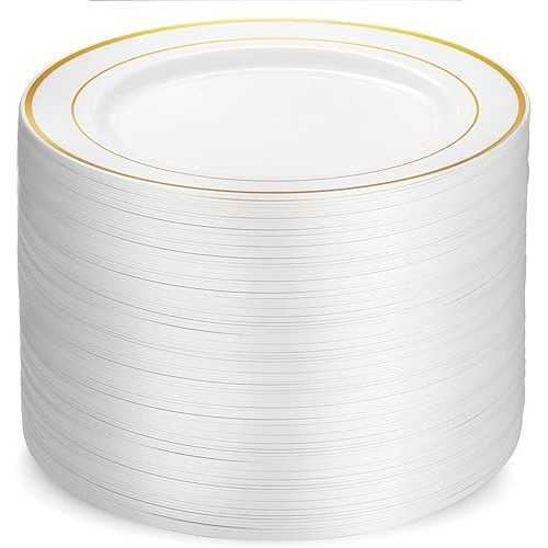 Munfix 100 Gold Plastic Plates Set, 10 Inch Fancy Heavy Duty Elegant Disposable Dinner Plates, For Party, Wedding, White with Gold Rim