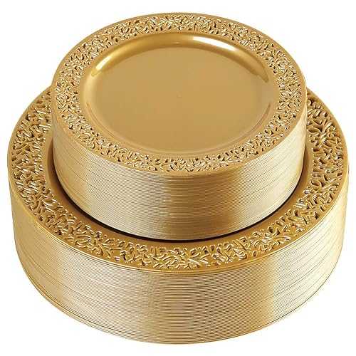 I00000 102 PCS Brown Gold Plastic Plates, Lace Design Disposable Plates, BPA Free Plates Includes: 51 Dinner Plates 10.25 Inch and 51 Salad/Dessert Plates 7.5Inch for Wedding and Party