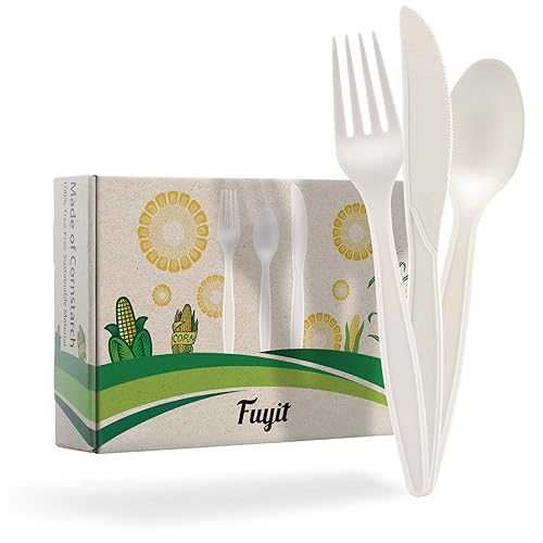 Fuyit 150カウント 堆肥化可能なカトラリーセット 使い捨て生分解性食器 環境に優しく耐久性のあるコーンスターチ食器 フォーク50本、ナイフ&スプーン付き パーティー、バーベキュー、ピクニック、ポットラック用 (ホワイト) Fuyit 150 Count Compostable Cut