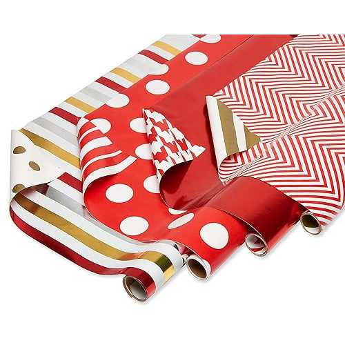 American Greetings Wrapping Paper Rolls for Christmas or Any Occasion, Metallic Gold and Red Holiday Gift Wrap (120 sq. ft., 4 Rolls-30 in. x 12 ft., Reversible) Stripes, Polka Dots, Zig Zags