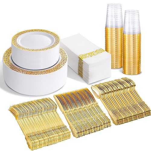 bUCLA 350PCS Gold Plastic Plates Disposable - Gold Plastic Dinnerware Set Include 50 Dinner / 50 Dessert Plates, 50 Forks, 50 Knives, 50 Spoons, 50 Cups, 50 Napkins for Party & Thanksgiving