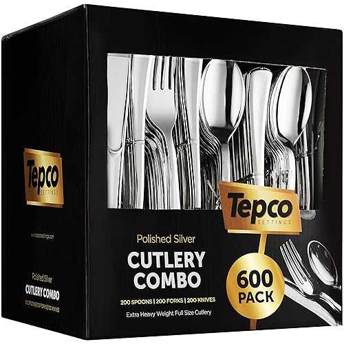 Tepco Settings 600 Plastic Silverware Set - Plastic Cutlery Set - Disposable - Flatware Set - 200 Forks - 200 Spoons - 200 Knives - Heavy Duty - Party Bulk - Silver
