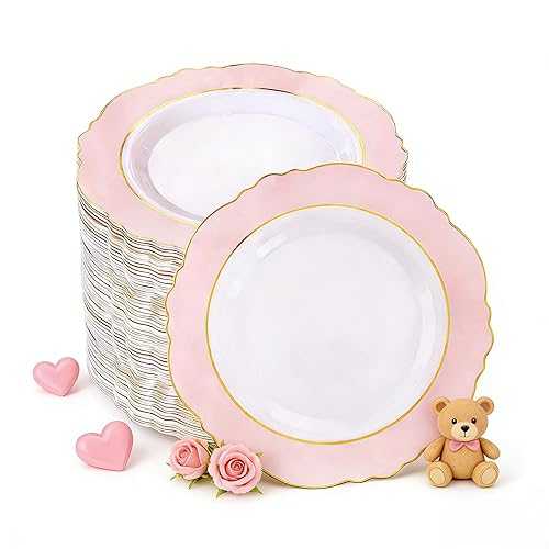 WDF 60pcs Pink Dessert Plates - 7.5inch Baroque Pink \u0026White Disposable Dessert/Appetizer Small Cute Cake Plates for Upscale Parties \u0026Wedding-Special for Bridal Shower, Brithday, Valentine\u0027s Day 食器-キッチン用品・食器・調理器具-食器・カトラリー・グラス