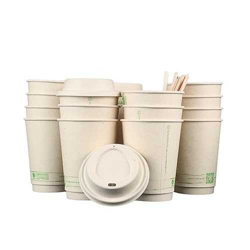 LB LIVING BALANCE Living Balance Certified Compostable Coffee Cups with Bagasse Lids 12 oz 75 Pack Cups with Stirrers & Integrated Sleeves / Leak Proof, BPA-Free & CPLA Certified Plant-based / To-Go cup for Drinks｜Glomarket