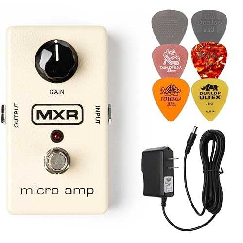 MXR M133 Micro Amp Booster Effects Pedal BUNDLE with AC/DC Adapter Power Supply for 9 Volt DC 1000mA and 6 Assorted Dunlop Guitar Picks