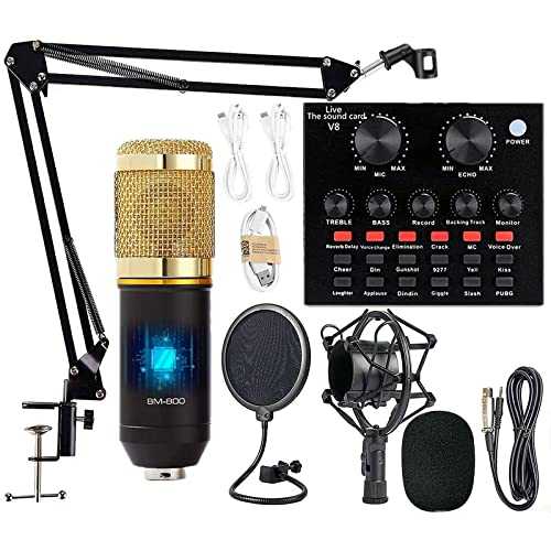 KOKITEA Podcast Equipment Bundle, BM-800 Mic Kit with Live Sound Card, Adjustable Mic Suspension Scissor Arm, Metal Shock Mount and Double-Layer Pop Filter for Studio Recording & Broadcasting