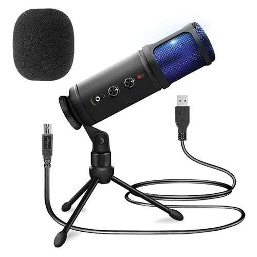 JOVIAL USB PC Recording Condenser Microphone-Blue LED,Adjustable Gain,Headphone Jack,Mute Control,Tripod Stand-Portable Pro Audio Condenser Desk Mic for Podcast Streaming Gaming-Pyle PDMIUSB50