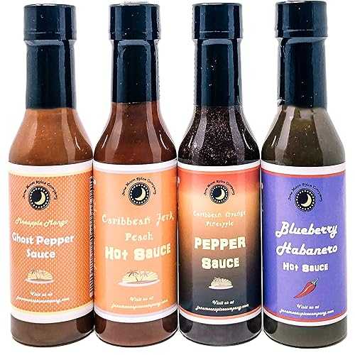June Moon Spice Company Tropical Hot Sauce | Variety or Gift 4 Pack | Pineapple Mango Ghost Pepper | Blueberry Habanero | Caribbean Orange Pineapple Pepper | Caribbean Jerk Peach | Crafted in Small Batches | Pr