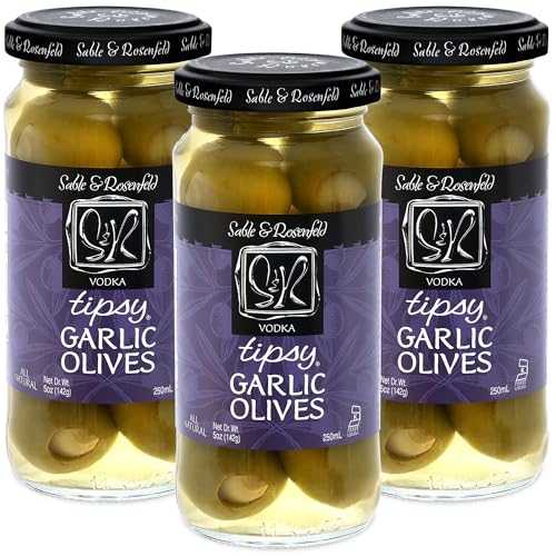 Tipsy Olives - Green Olives Stuffed with Garlic - Large Cocktail Olives with Vodka for Cocktails, Bloody Mary Condiments, Martini Stuffed Olives, Olive Bar - Sable & Rosenfeld - 5 oz (Pack 3)