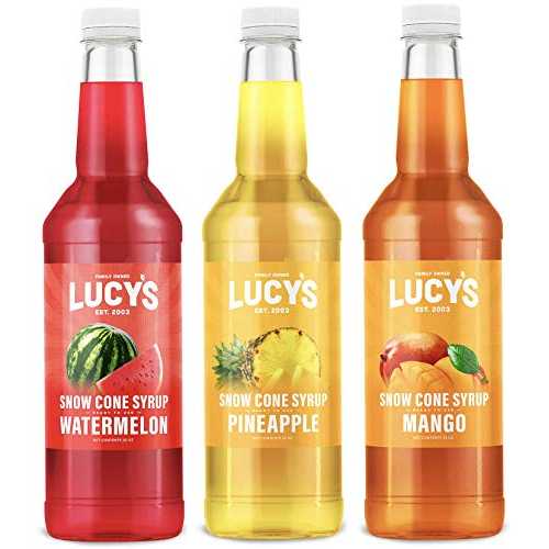 Lucy's Family Owned かき氷スノーコーン シロップ - スイカ、パイナップル、マンゴー - 32オンスのシロップボトル (3個パック) (トロピカルパック) Lucy's Family Owned Shaved Ice Snow Cone Syrups - Watermelon, Pineapple, Mango - 32o