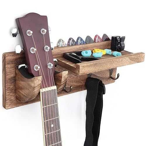 Bikoney Wall Mount Guitar Hanger Shelf with Pick Holder and 3 Hooks - Carbonized Black Guitar Holder for Acoustic, Electric, Bass, Ukulele [U.S. Patent]