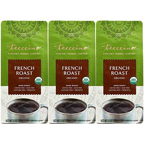 Teeccino French Roast Chicory Coffee Alternative - 11 Ounce - Ground Herbal Coffee That\'s Prebiotic, Caffeine-Free & Acid Free, Dark Roast, (Pack of 3)