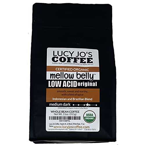 Lucy Jo's Coffee、オーガニック メローベリー低酸ブレンド、ミディアム ダーク ロースト、全粒豆、11 オンス (11 オンス) Lucy Jo's Coffee, Organic Mellow Belly Low Acid Blend, Medium Dark Roast, Whole Bean, 11 oz (11 OZ)