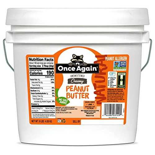 Once Again Natural, Creamy Peanut Butter, 9lb Bucket (same as 9 jars) - Salt Free, Unsweetened - Gluten Free Certified, Vegan, Kosher, Non-GMO Verified