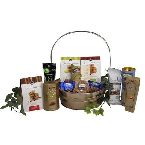 Gift Basket Village: Golden Elegance Medium - Luxurious Assortment of Cookies, Nuts, Wafer Rolls, Chocolates & Candy, Ideal Gift