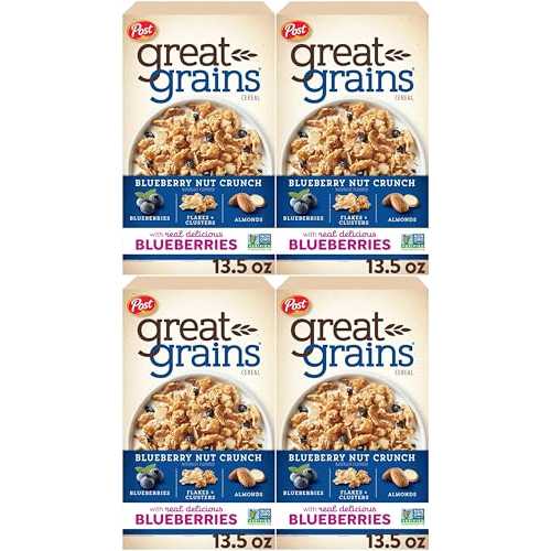 Post Great Grains ブルーベリー朝朝食用シリアル、非遺伝子組み換えプロジェクト認証済み、心臓に健康、低脂肪、全粒シリアル 13.5 オンス (4 個パック) Post Great Grains Blueberry Morning Breakfast Cereal, Non GMO Project Verified, Heart H