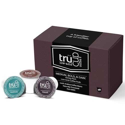TRUCUP tr・・cup Low Acid Coffee K-Cups - Medium + Bold + Dark Roast - Single Serve Coffee Pods - Can Be Gentle on the Stomach (36 Count)