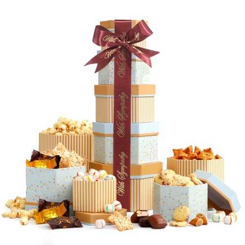 Broadway Basketeers Sympathy Gift Tower Box ? Premium Snack Tower with Cookies, Sweets and Savory Treats - Thoughtful Individually Wrapped Kosher Sympathy Gifts for Adults, Families and Friends