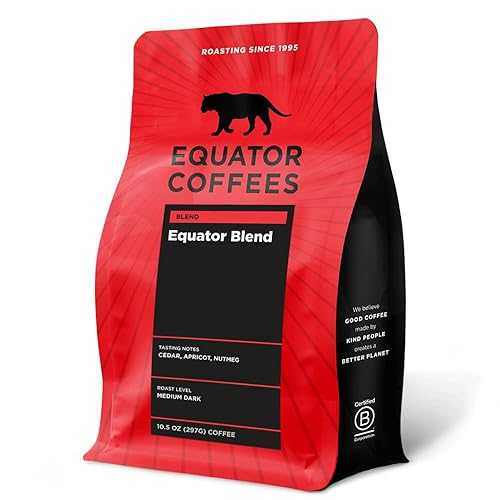 Equator Coffees & Teas Equator Coffees, Equator Blend Whole Bean Coffee, Medium Dark Roast, Fresh Roasted, Smooth Chocolate & Nutmeg Flavor Notes, Sustainable, 10.5 oz Bag